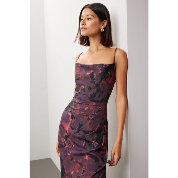 SLATE & WILLOW Red Purple Ruched Floral Side Slit Scoop Neck Dress size 0 - Picture 3 of 16